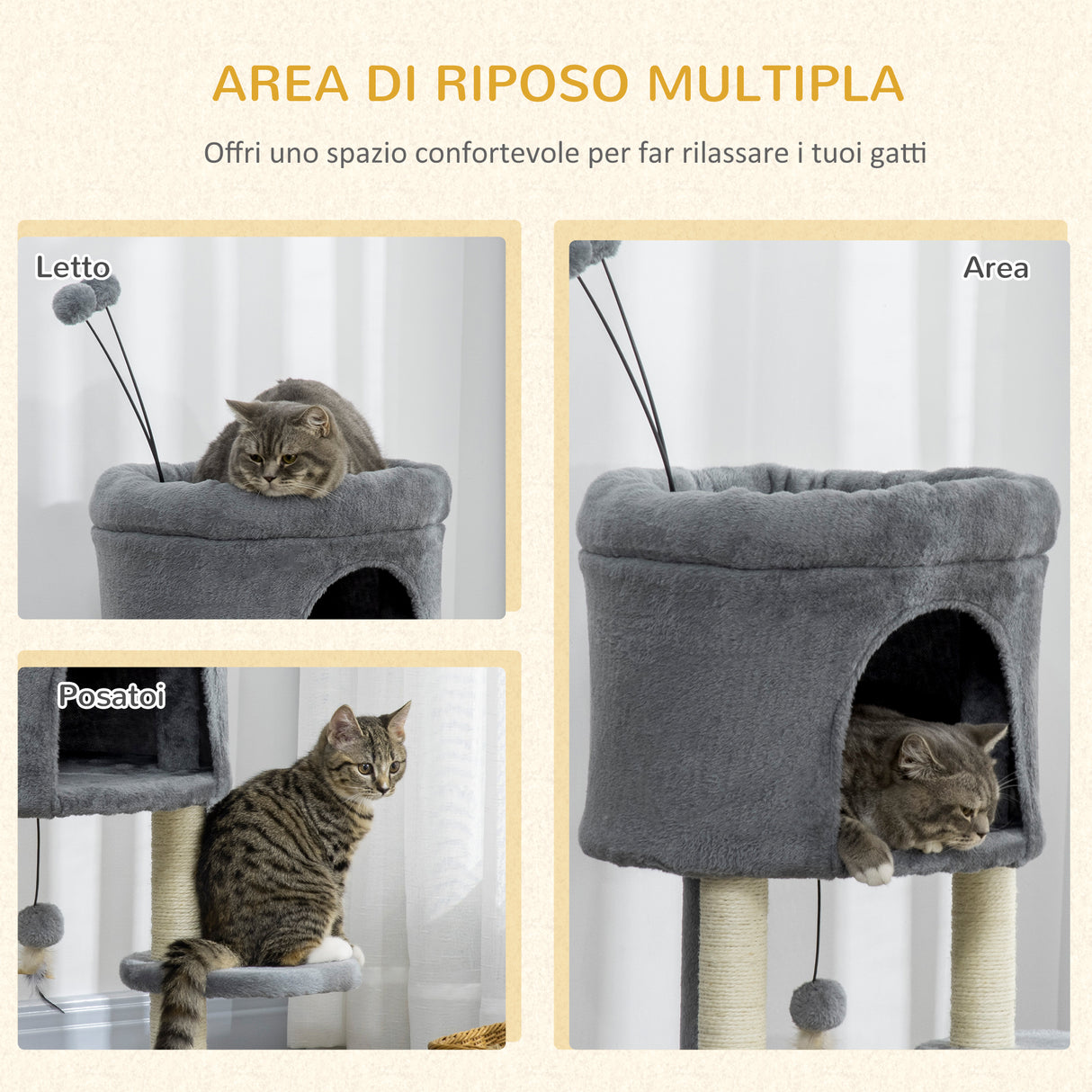 easycomfort easycomfort albero tiragraffi per gatti con casetta e lettino pali in sisal e palline 44 5x44 5x73 5cm grigio