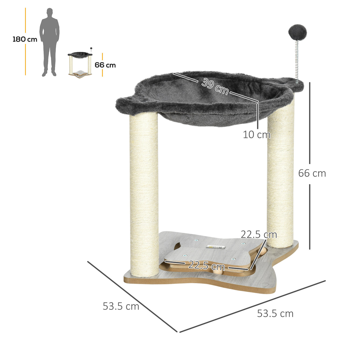 easycomfort easycomfort tiragraffi per gatti con amaca in peluche base in legno con gioco e pali in sisal 53.55x53.5x66cm grigio
