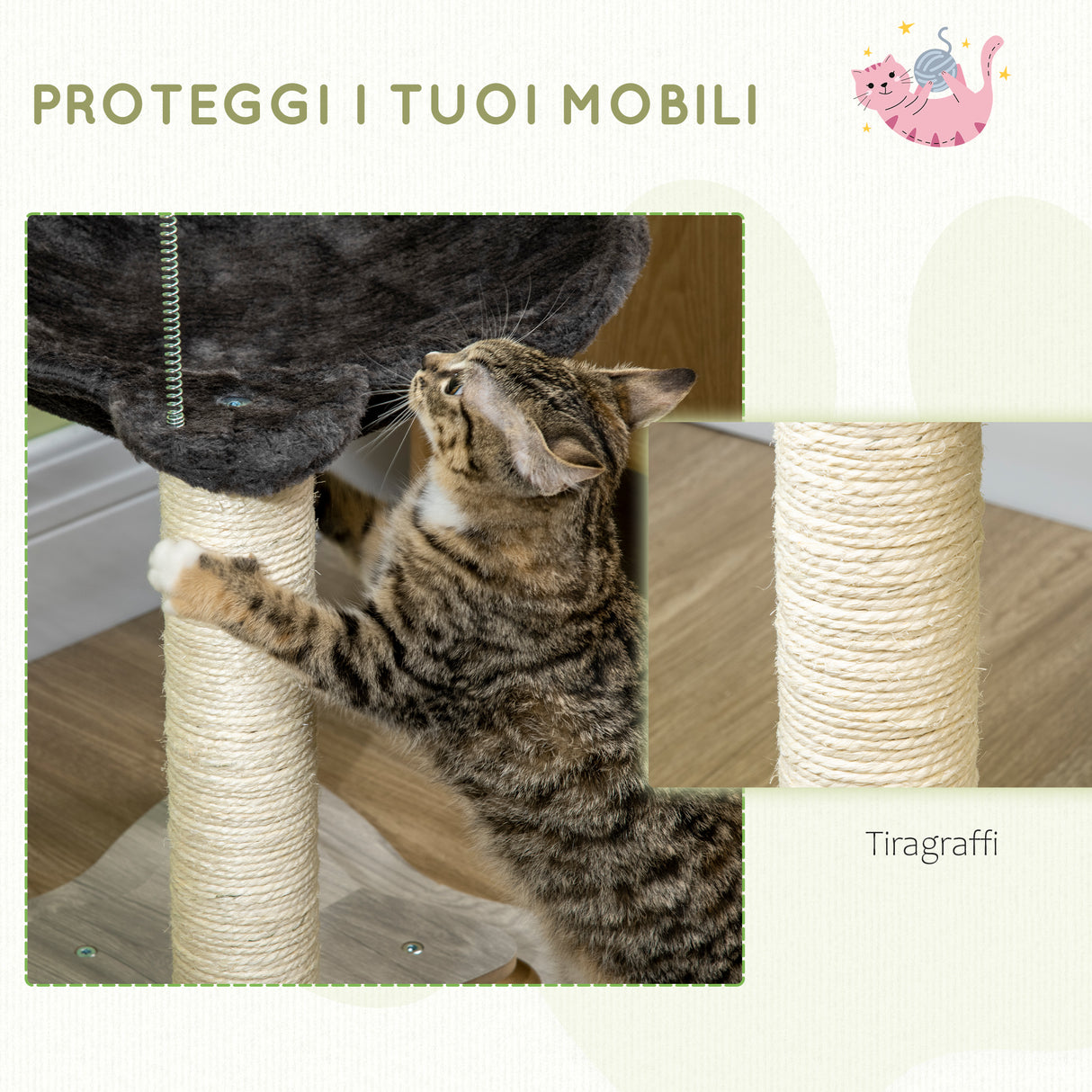 easycomfort easycomfort tiragraffi per gatti con amaca in peluche base in legno con gioco e pali in sisal 53.55x53.5x66cm grigio