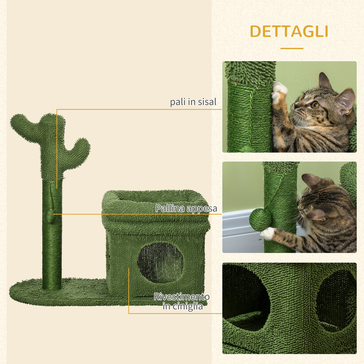 easycomfort easycomfort tiragraffi per gatti con lettino casetta e palo in sisal a forma di cactus 68x30x67cm verde