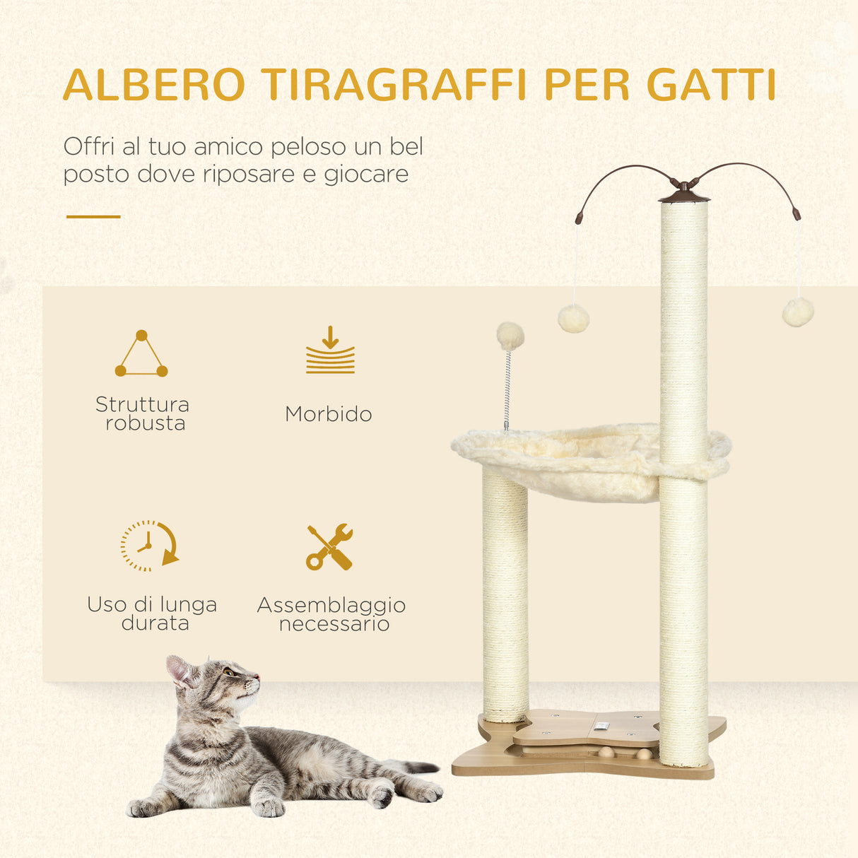 easycomfort easycomfort albero tiragraffi per gatti max 5kg con amaca palline da gioco e pali in sisal 53.5x53.5x90 cm beige
