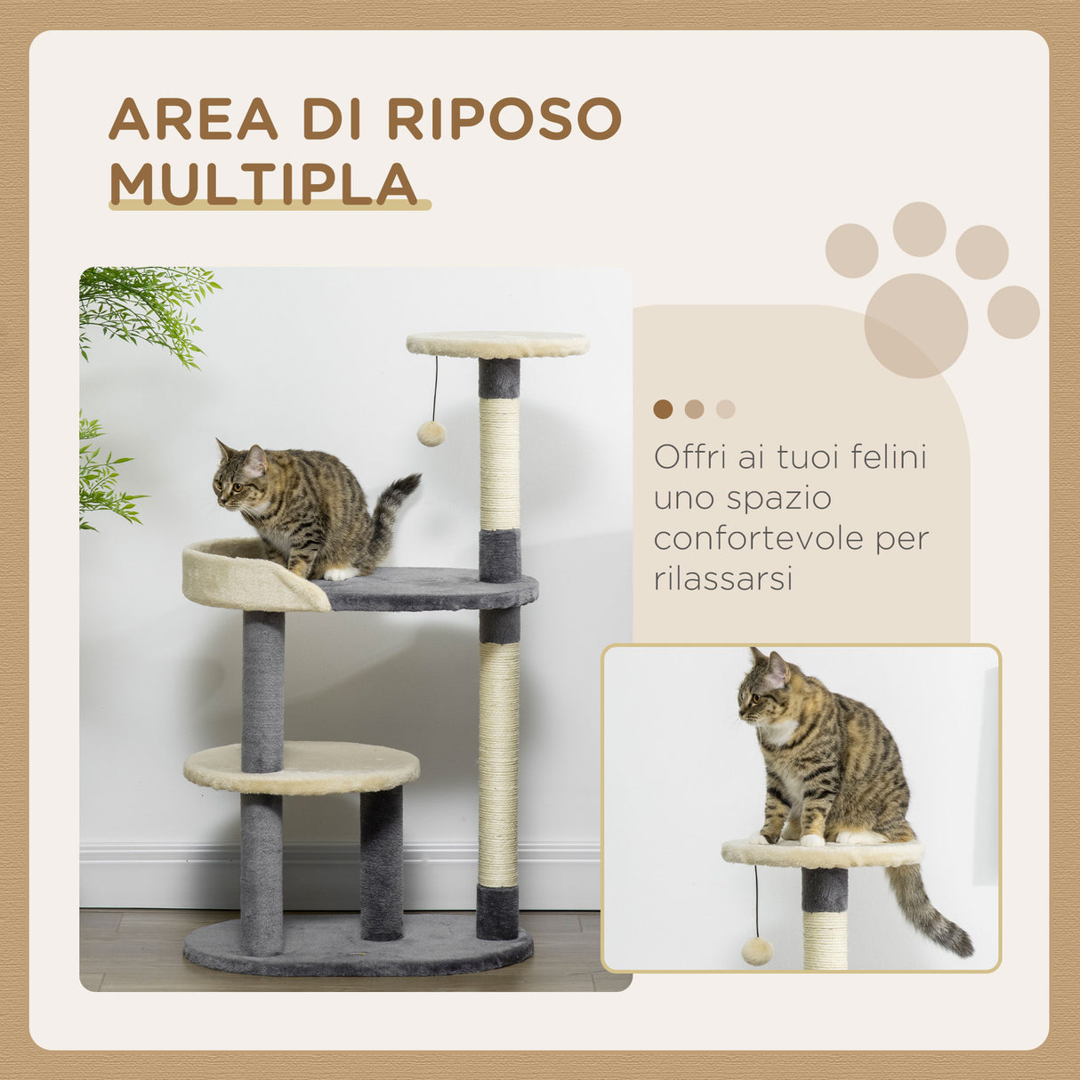 easycomfort easycomfort albero tiragraffi per gatti a 3 livelli con pali in sisal e altezza 105cm grigio