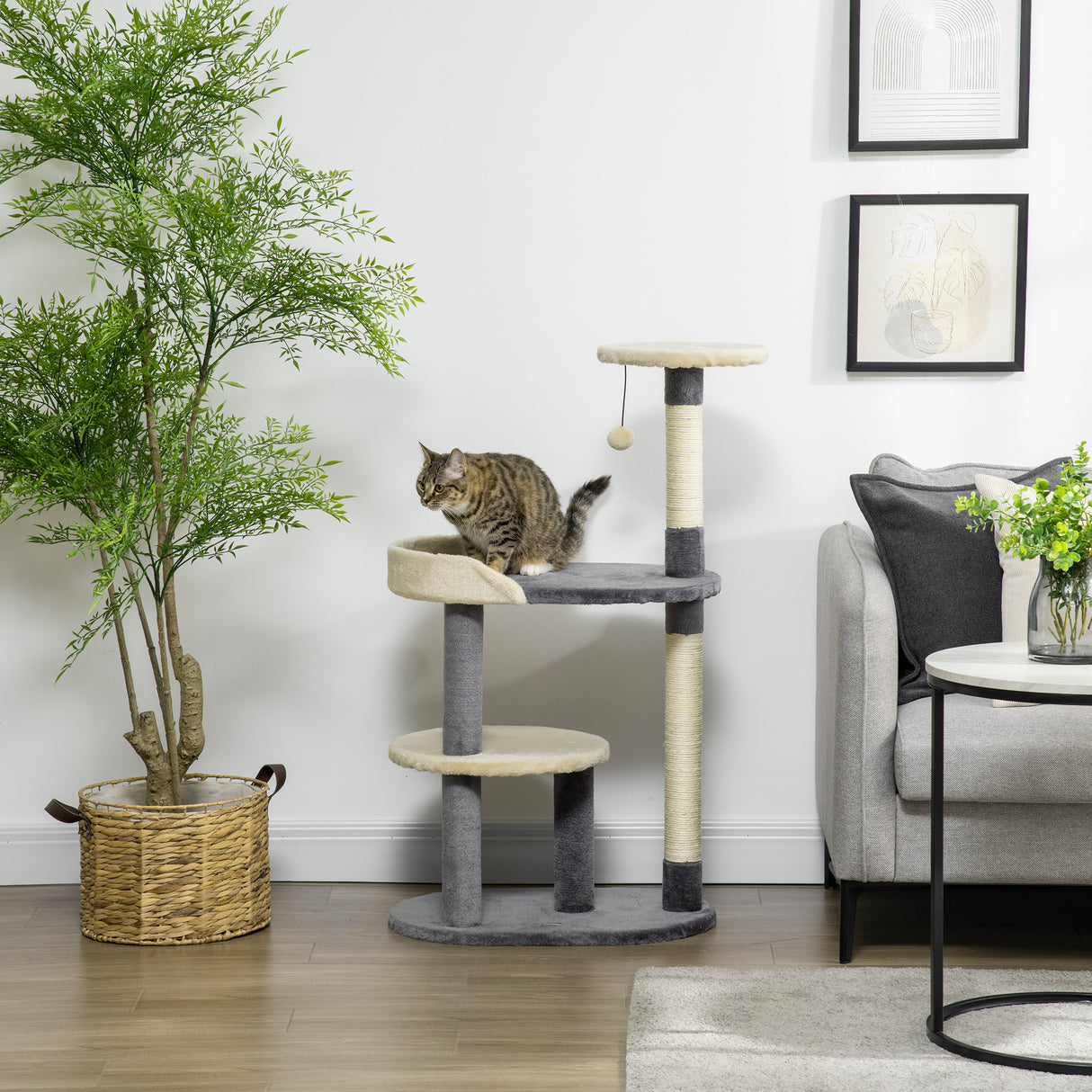 easycomfort easycomfort albero tiragraffi per gatti a 3 livelli con pali in sisal e altezza 105cm grigio