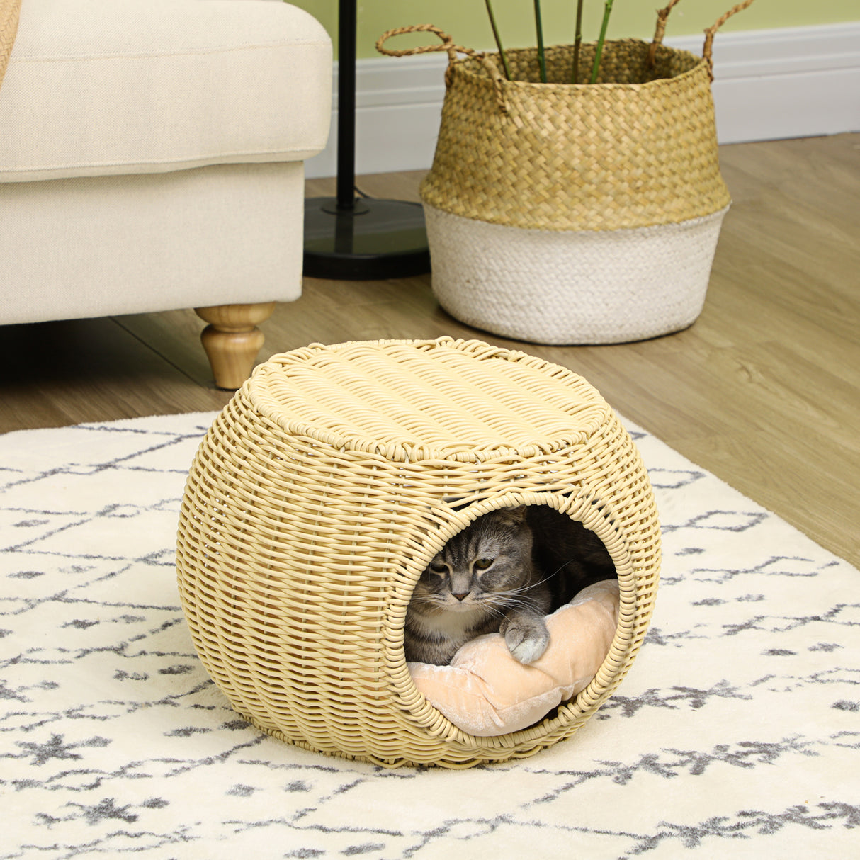 easycomfort easycomfort casetta per gatti a 2 livelli in rattan pe con cuscino lavabile 40x30 cm beige