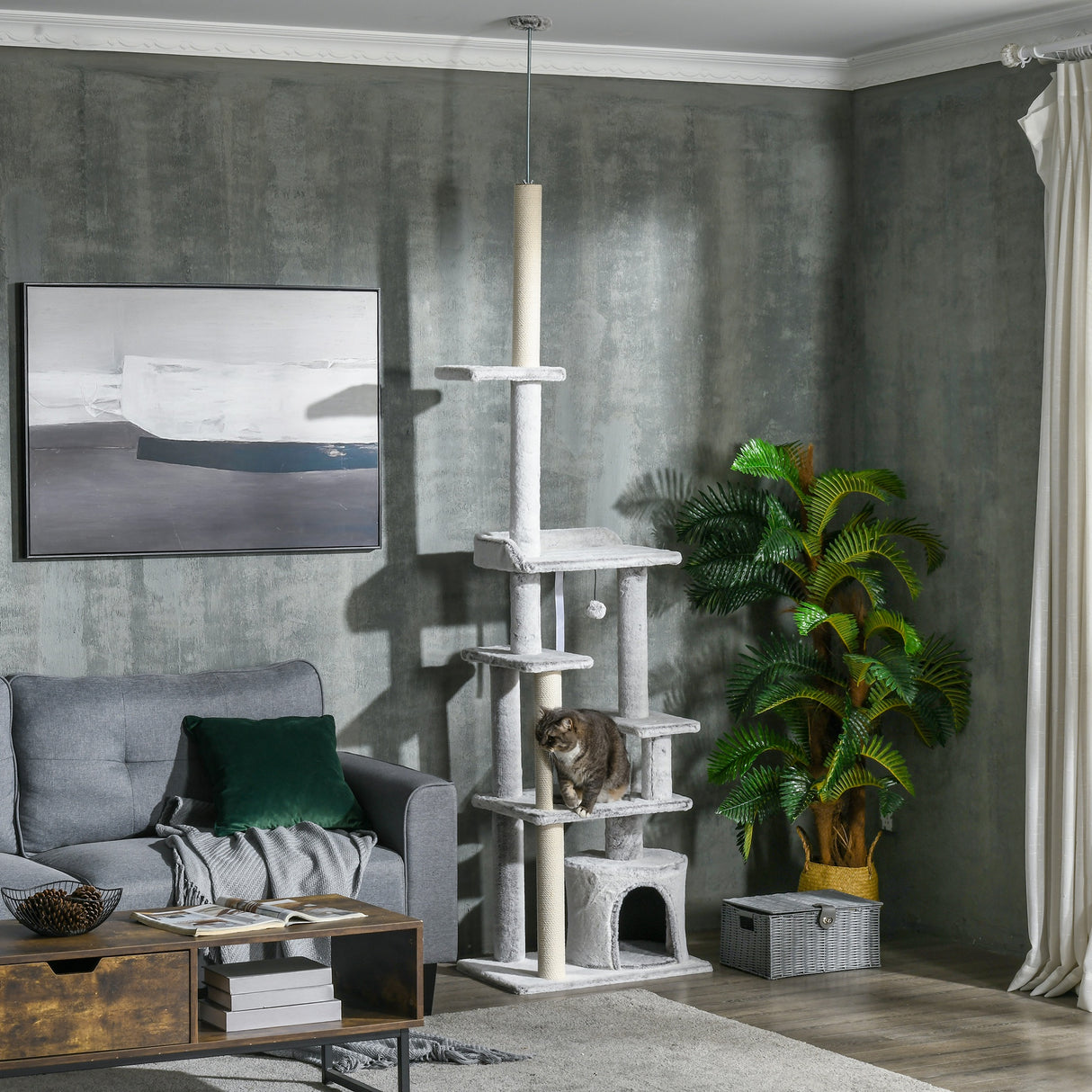 easycomfort easycomfort albero tiragraffi per gatti a soffitto con piattaforme e casetta 60x40x225 255cm grigio