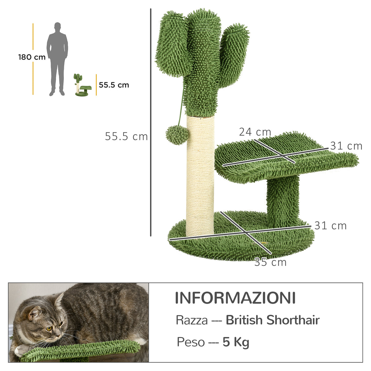easycomfort easycomfort albero per gatti a forma di cactus con tiragraffi e pallina da gioco 35x31x55 5 cm verde e bianco