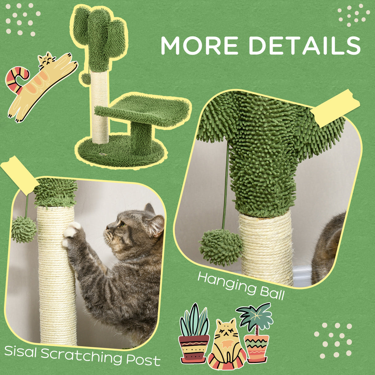 easycomfort easycomfort albero per gatti a forma di cactus con tiragraffi e pallina da gioco 35x31x55 5 cm verde e bianco