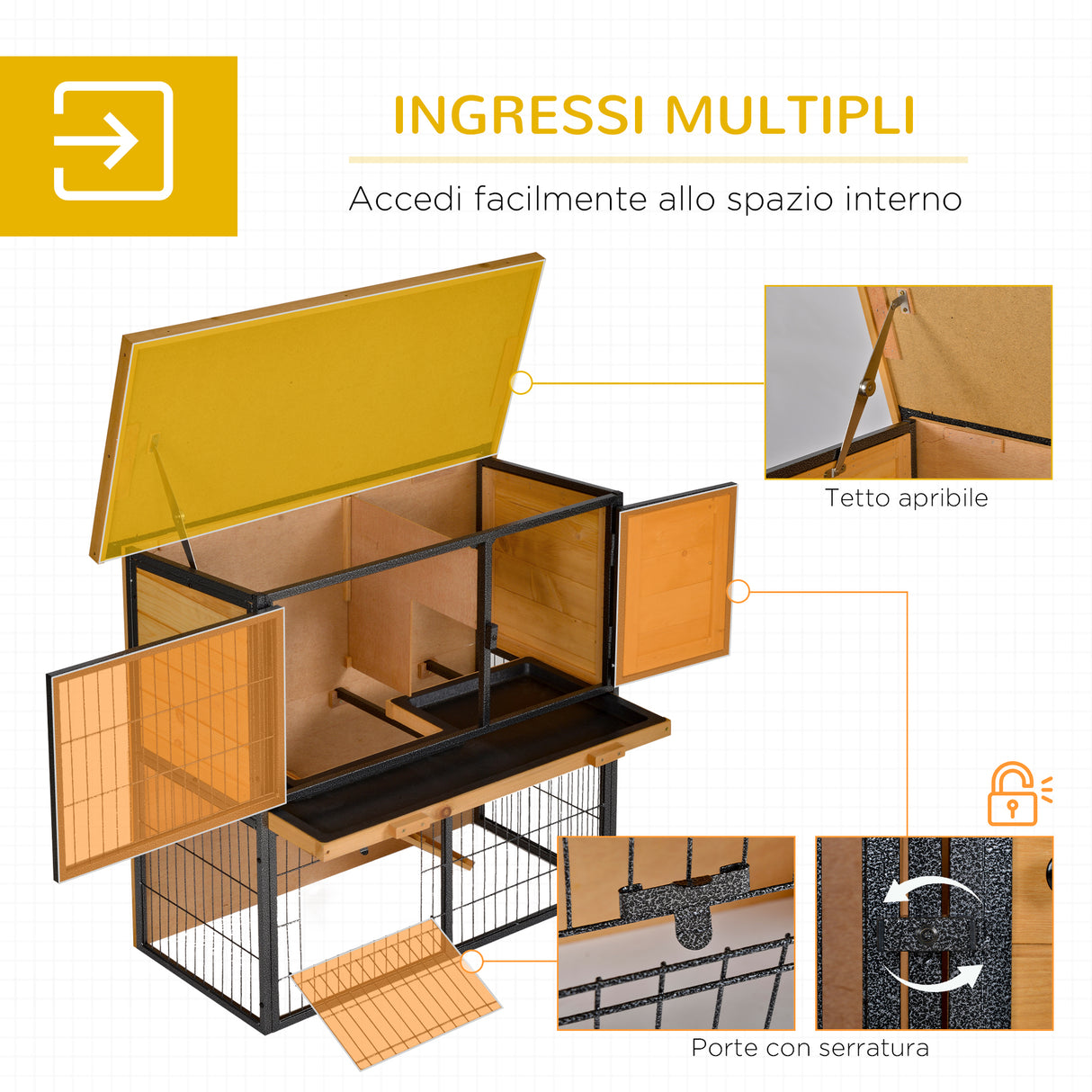 easycomfort easycomfort gabbia per conigli con rampa e area aperta conigliera in legno e metallo su 2 livelli giallo chiaro 89.5x45x81cm