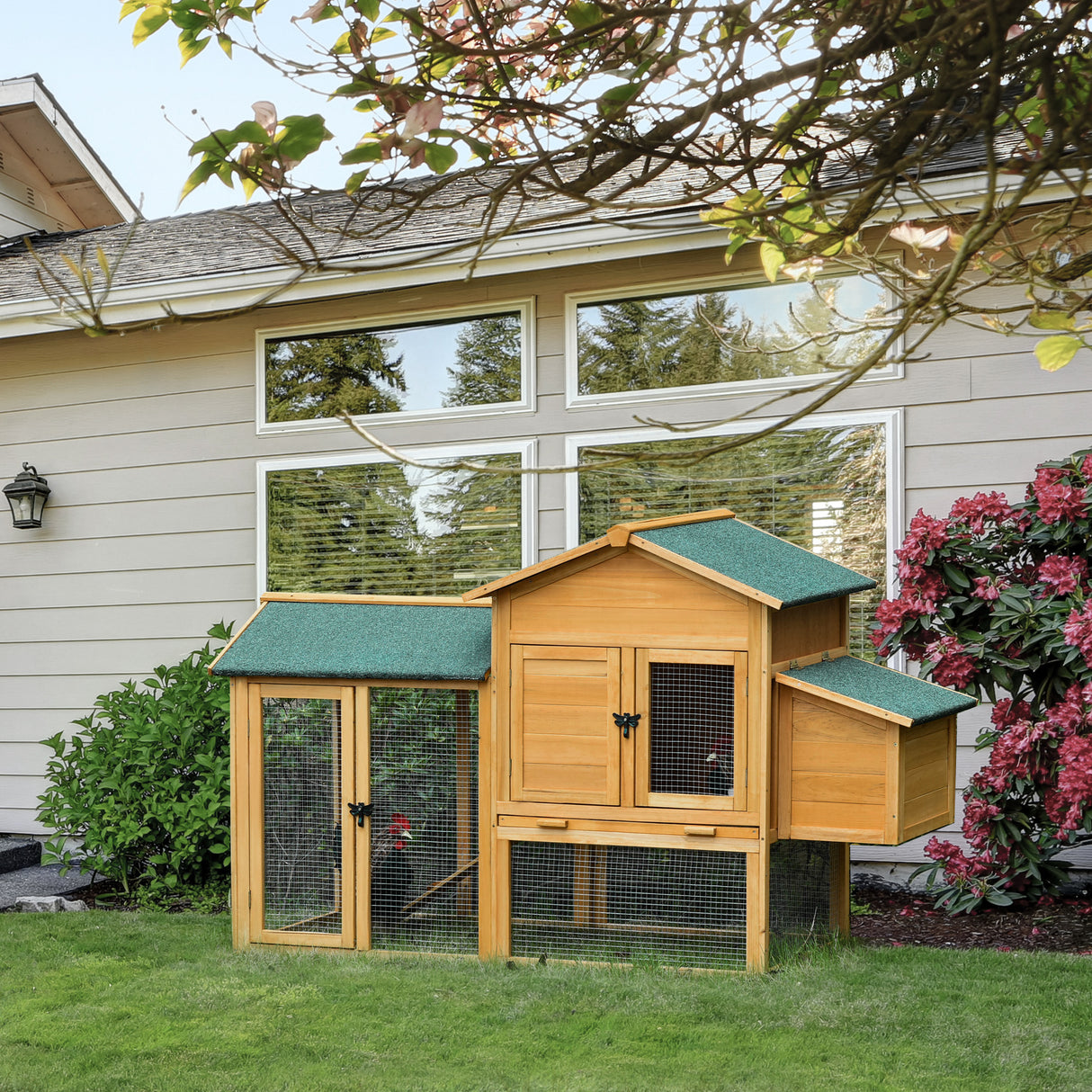 easycomfort easycomfort pollaio in legno con casetta per galline e area aperta nido con tetto apribile e rete metallica 168x75x103cm