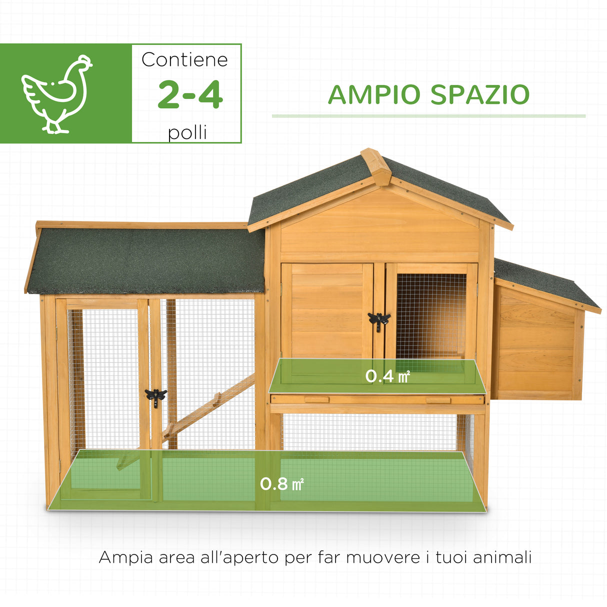 easycomfort easycomfort pollaio in legno con casetta per galline e area aperta nido con tetto apribile e rete metallica 168x75x103cm