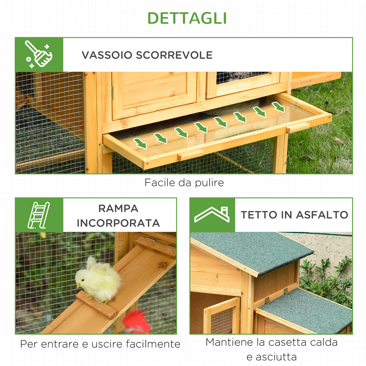 easycomfort easycomfort pollaio in legno con casetta per galline e area aperta nido con tetto apribile e rete metallica 168x75x103cm
