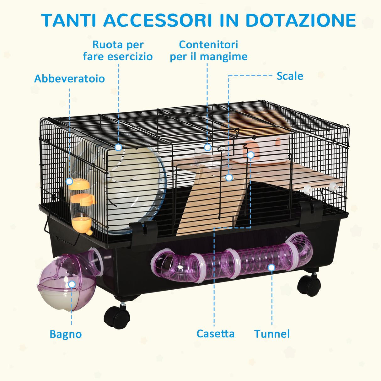 easycomfort easycomfort gabbia per criceti multilivello con casetta mangiatoia e abbeveratoio tunnel e ruota gabbietta per piccoli roditori con 4 rotelle nero