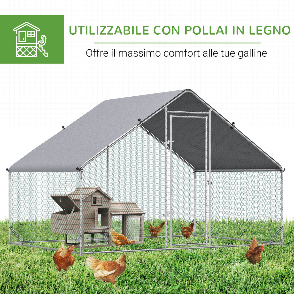 easycomfort easycomfort pollaio da giardino con telaio zincato copertura impermeabile e rete esagonale 3x2x2m argento