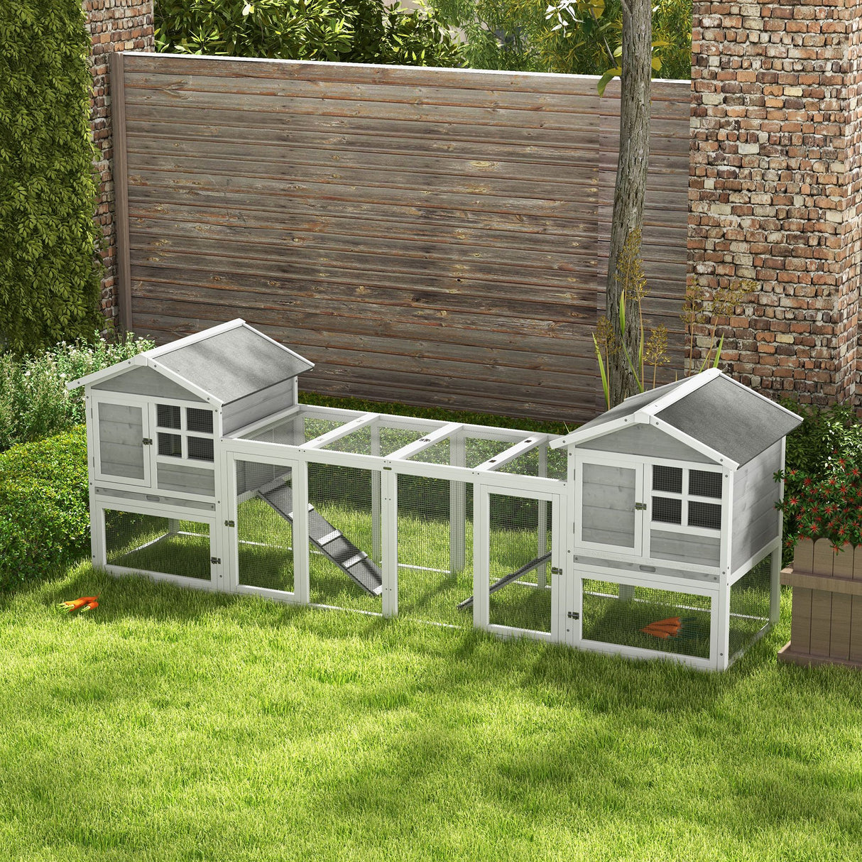 easycomfort easycomfort conigliera in legno da esterno con 2 casette e area aperta recintata con porte e rampe 259x64x92 cm grigia