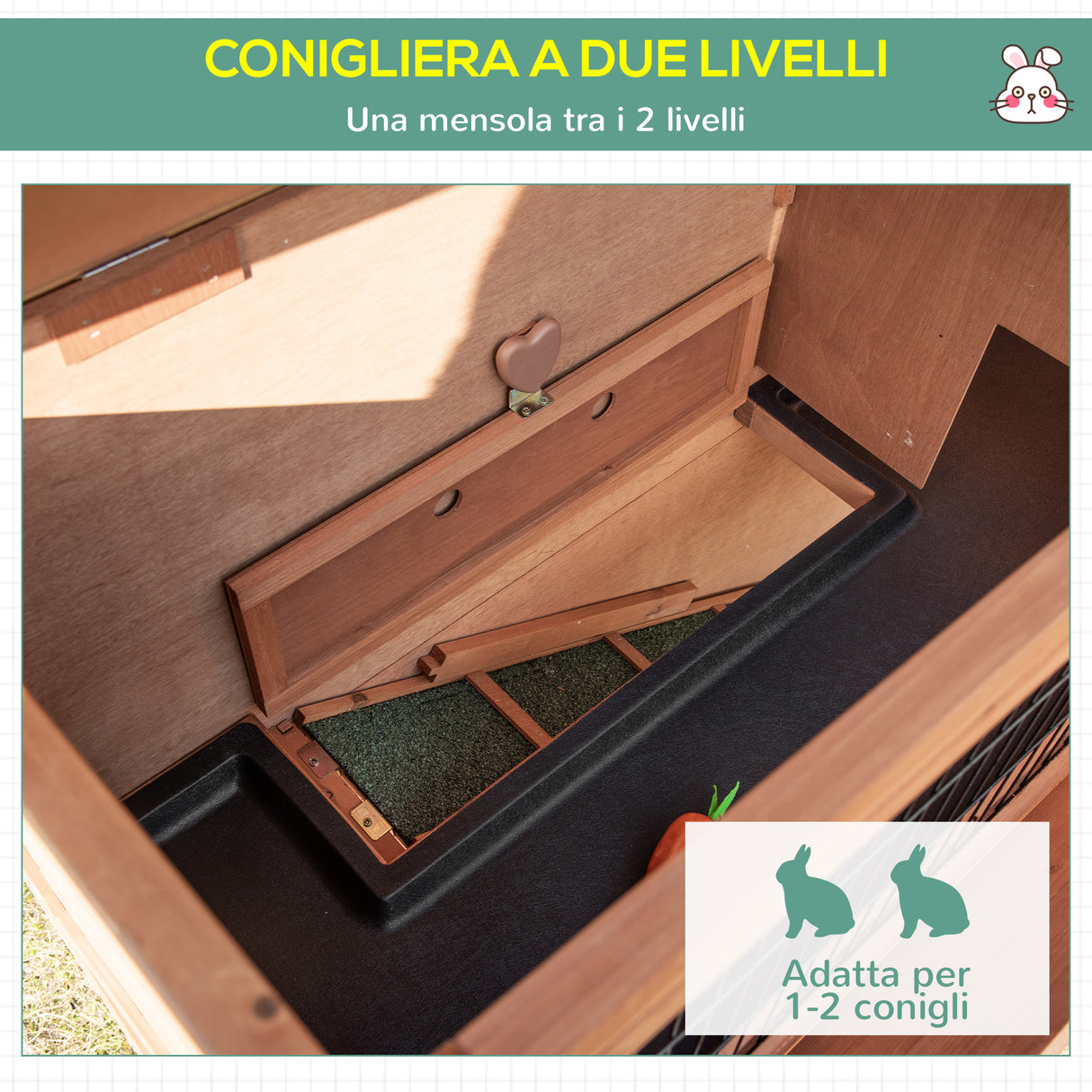 easycomfort easycomfort conigliera in legno a 2 livelli con ruote vassoio estraibile e rampa 122x50x101cm