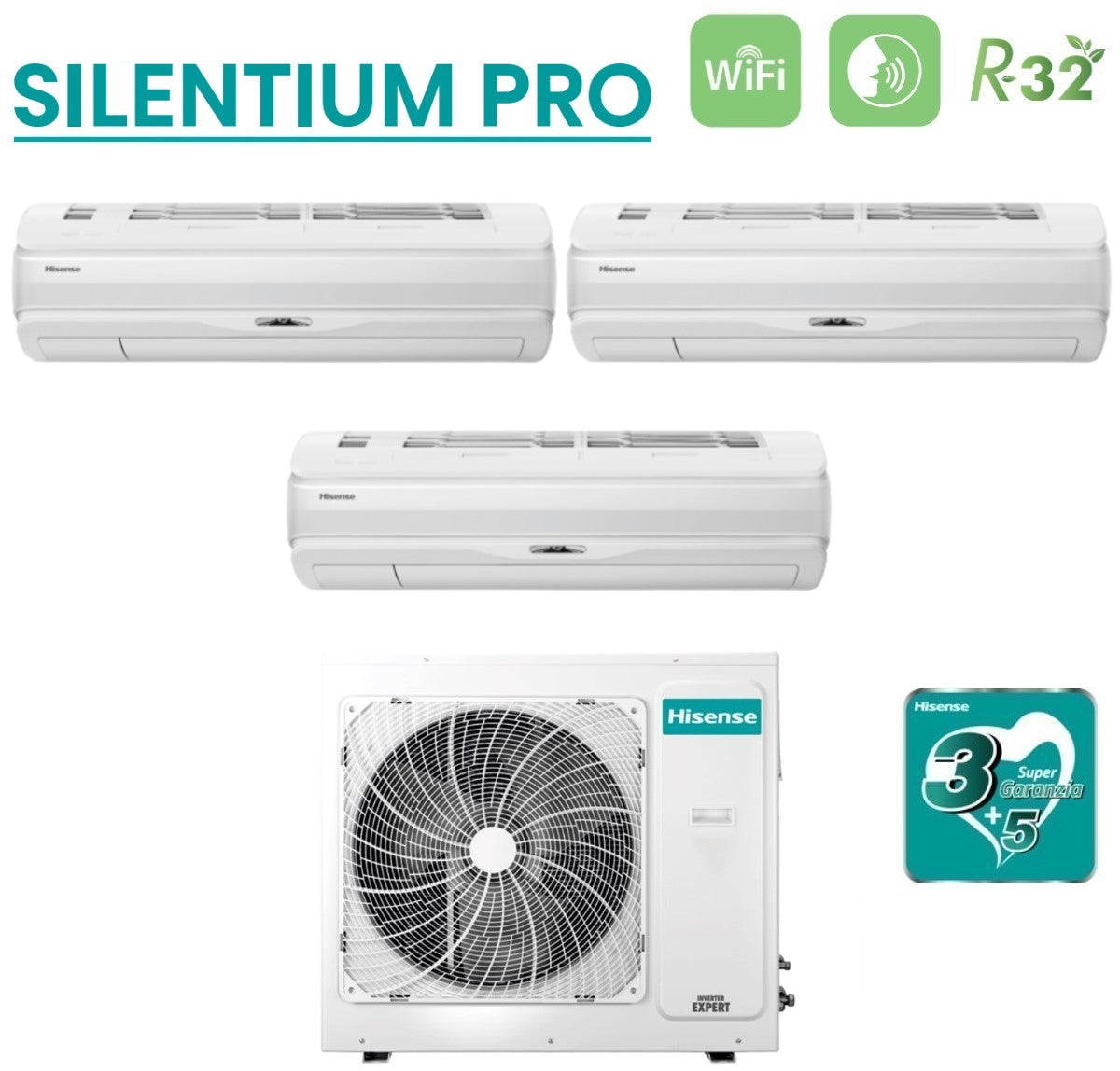 Hisense Trial Split Inverter Climatisation SILENTIUM PRO série 9+9+12 avec 3AMW72U4RJC R-32 Wi-Fi intégré 9000+9000+12000