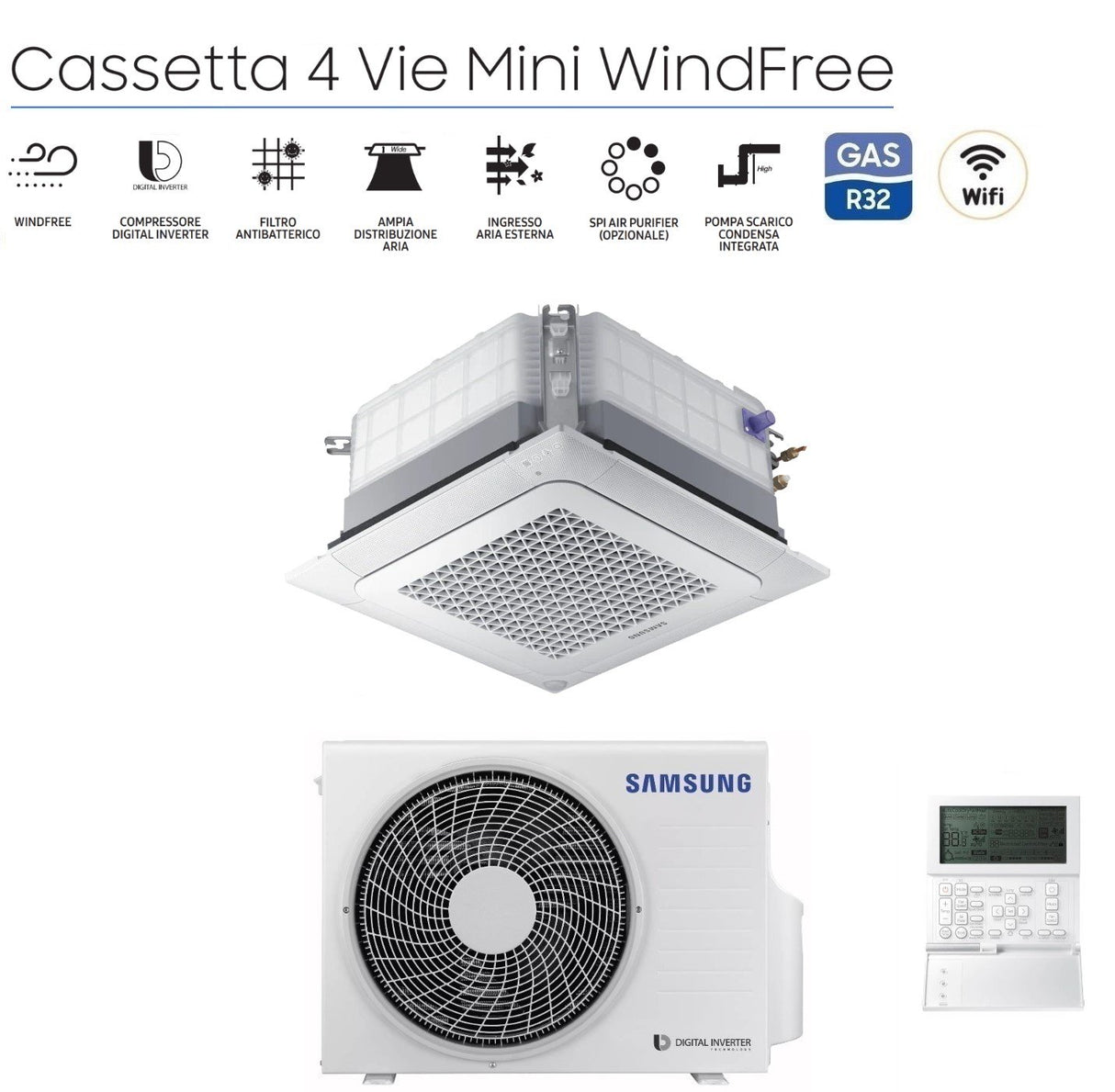 samsung climatizzatore condizionatore inverter samsung cassetta 4 vie mini windfree 12000 btu r 32 ac035rnndkg con pannello e comando a filo novita