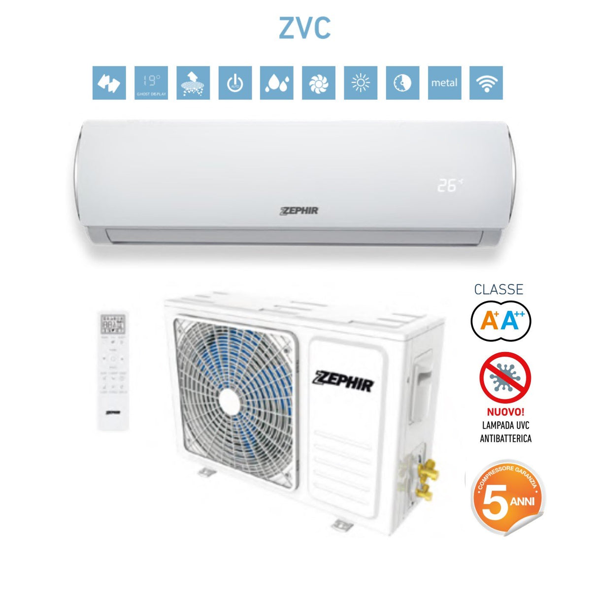zephir pronta consegna climatizzatore zephir monosplit serie smart clean 9000 btu zvc 9000 gas r 32 classe aa garanzia 5 anni ean 8059657004482