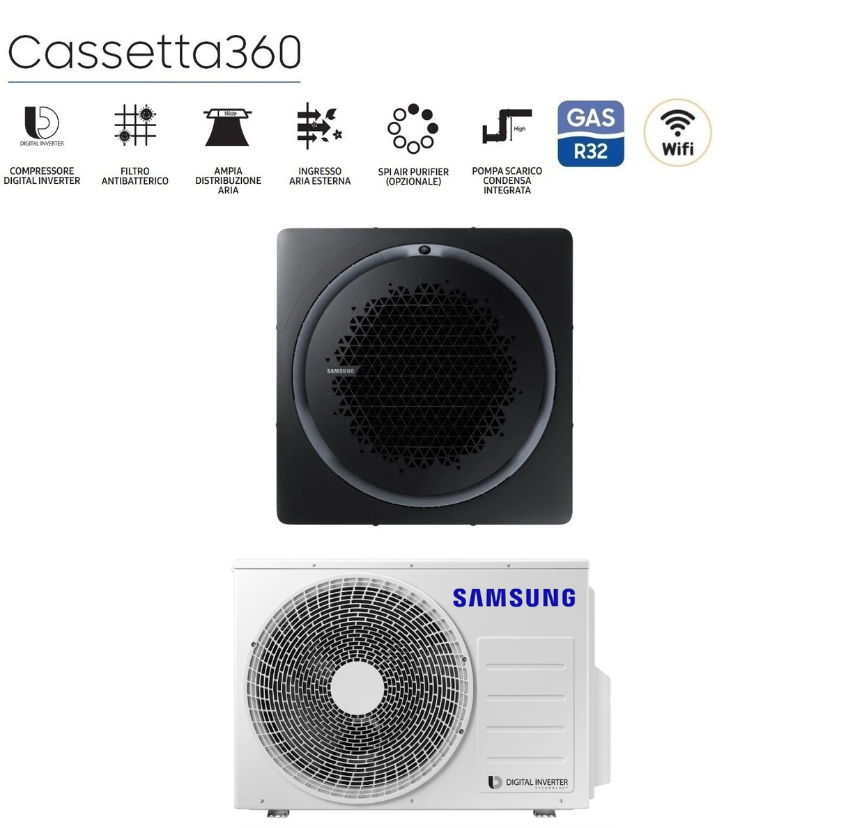 samsung climatizzatore condizionatore samsung inverter cassetta 360 24000 btu ac071rn4pkgeu r 32 wi fi optional classe aa con comando wireless incluso vari pannelli disponibili pannello circolare bianco pc4nunman