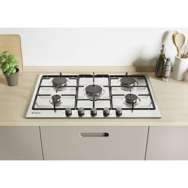 candy piano cottura a gas chw7x idea 5 fuochi 75 cm colore inox lxp 74x51 con griglie lavabili in lavastoviglie 33801969 ean 8016361966857
