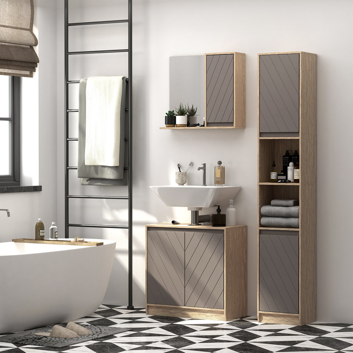 easycomfort easycomfort armadietto pensile per bagno con anta a specchio grigio e rovere ean 8054111842907