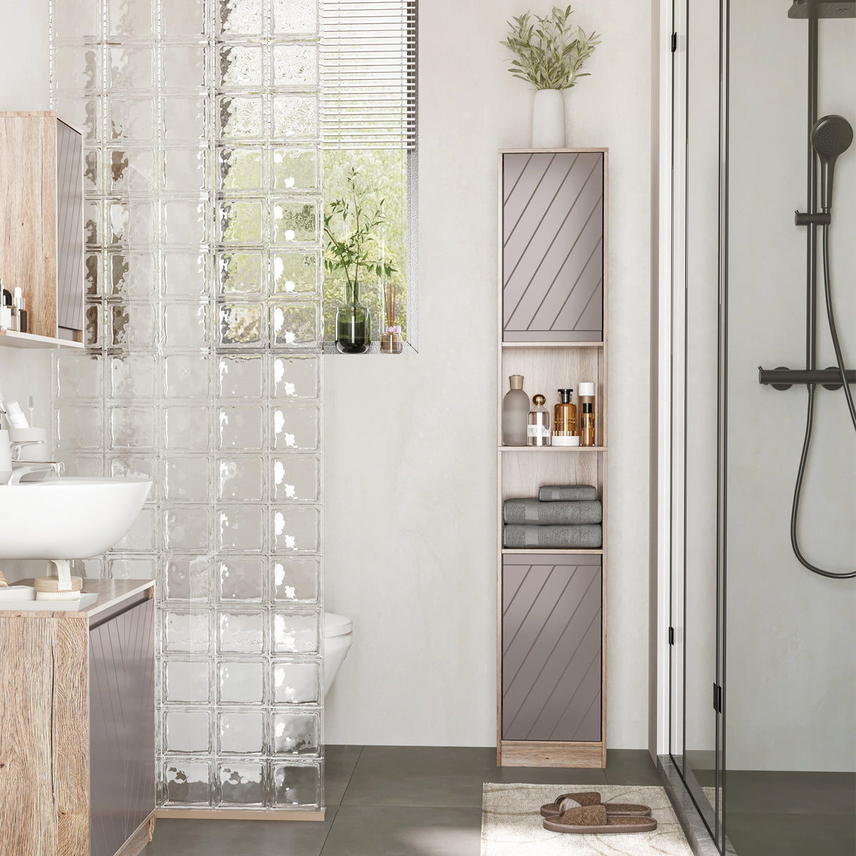 easycomfort easycomfort mobiletto salvaspazio per bagno in legno con 2 armadietti e 6 ripiani grigio e rovere 30 x 24 x 170cm ean 8054111847469