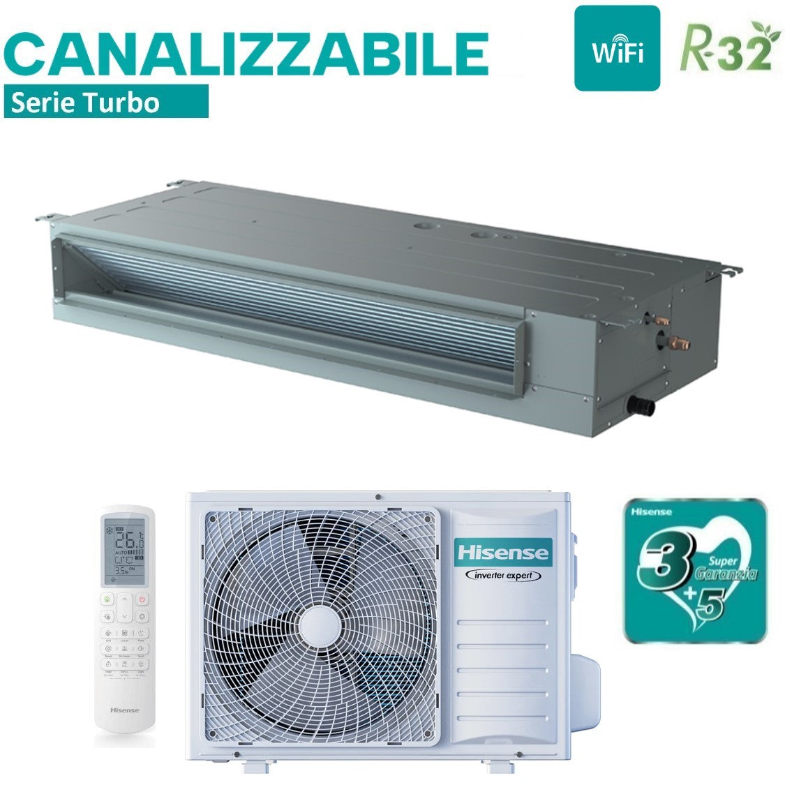 hisense climatizzatore condizionatore hisense inverter canalizzato canalizzabile serie turbo 12000 btu adt35ux4rbl8 auw35u4rs8 r 32 wi fi optional classe aa con telecomando e comando cablato di serie