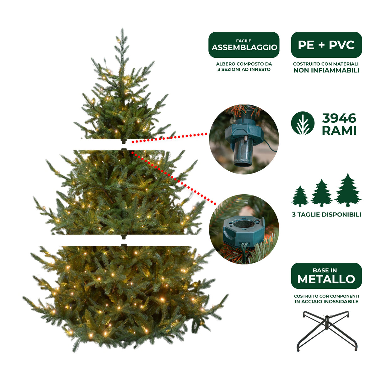 le stelle albero di natale artificiale verde h 240cm x l 160cm super folto con 650 luci led 20 luci flash incorporate e base a croce in metallo