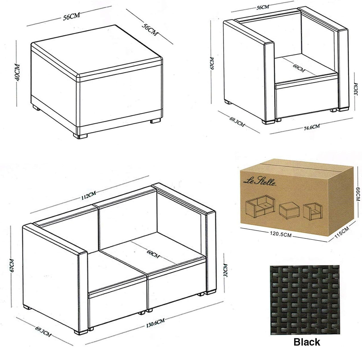 le stelle le stelle set salotto da giardino in polyrattan con divano poltrone tavolino e cuscini colore nero ean 8024299800037