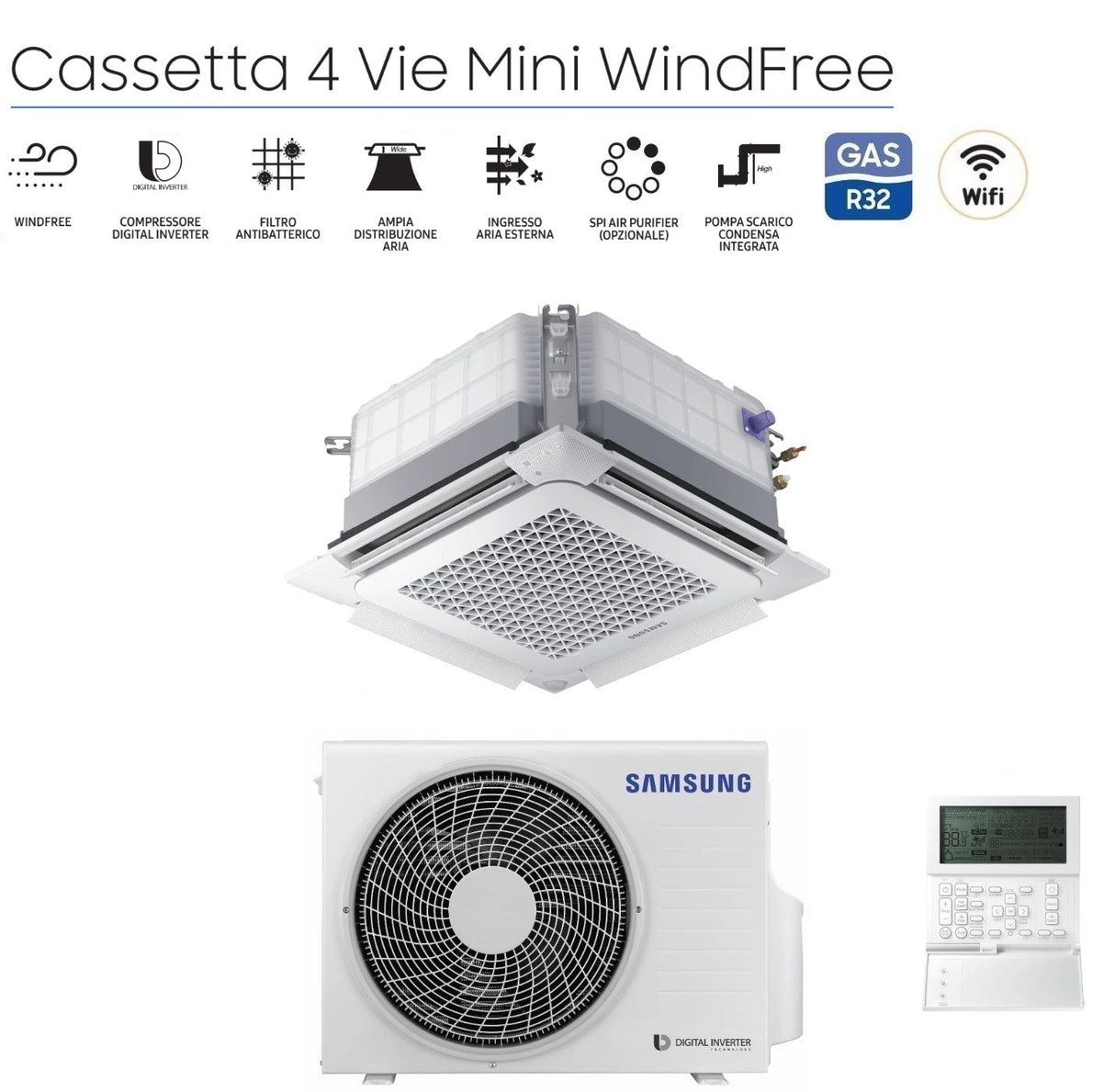 samsung climatizzatore condizionatore inverter samsung cassetta 4 vie mini windfree 12000 btu r 32 ac035rnndkg con pannello e comando a filo novita