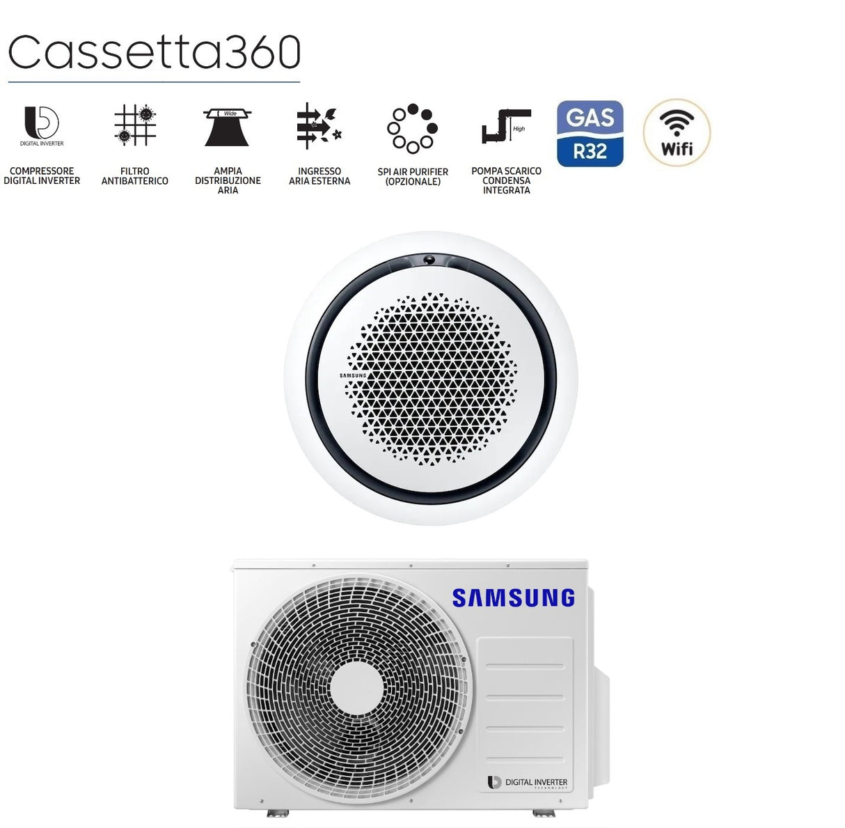 samsung climatizzatore condizionatore samsung inverter cassetta 360 24000 btu ac071rn4pkgeu r 32 wi fi optional classe aa con comando wireless incluso vari pannelli disponibili pannello circolare bianco pc4nunman