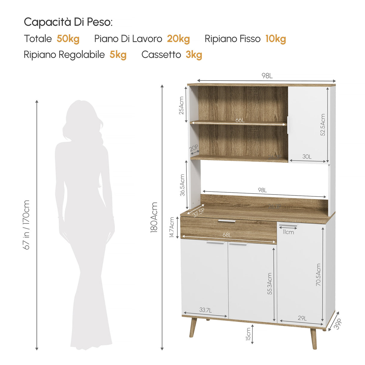 easycomfort easycomfort credenza cucina alta moderna con armadietti e cassetto mobile dispensa con ripiani regolabili 98x39x180cm bianco e legno