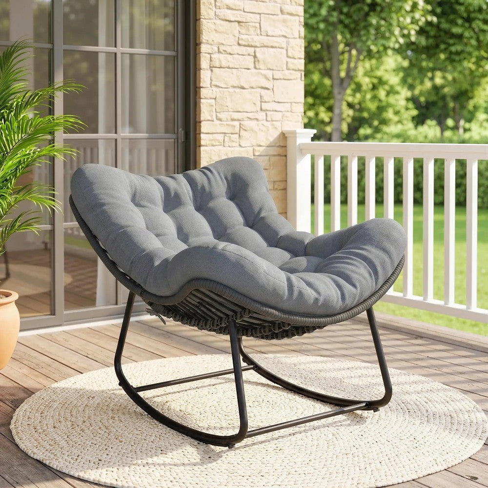 easycomfort easycomfort sedia a dondolo stile boho in rattan e metallo con cuscino morbido grigio scuro