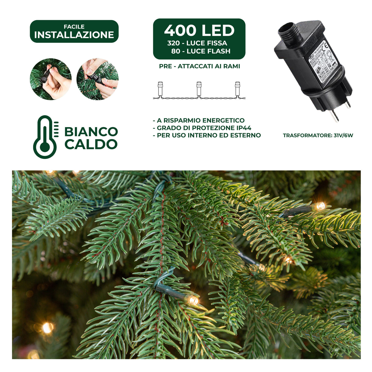 le stelle albero di natale artificiale verde h 180cm x l 145cm super folto con 400 luci led 20 luci flash incorporate e base a croce in metallo
