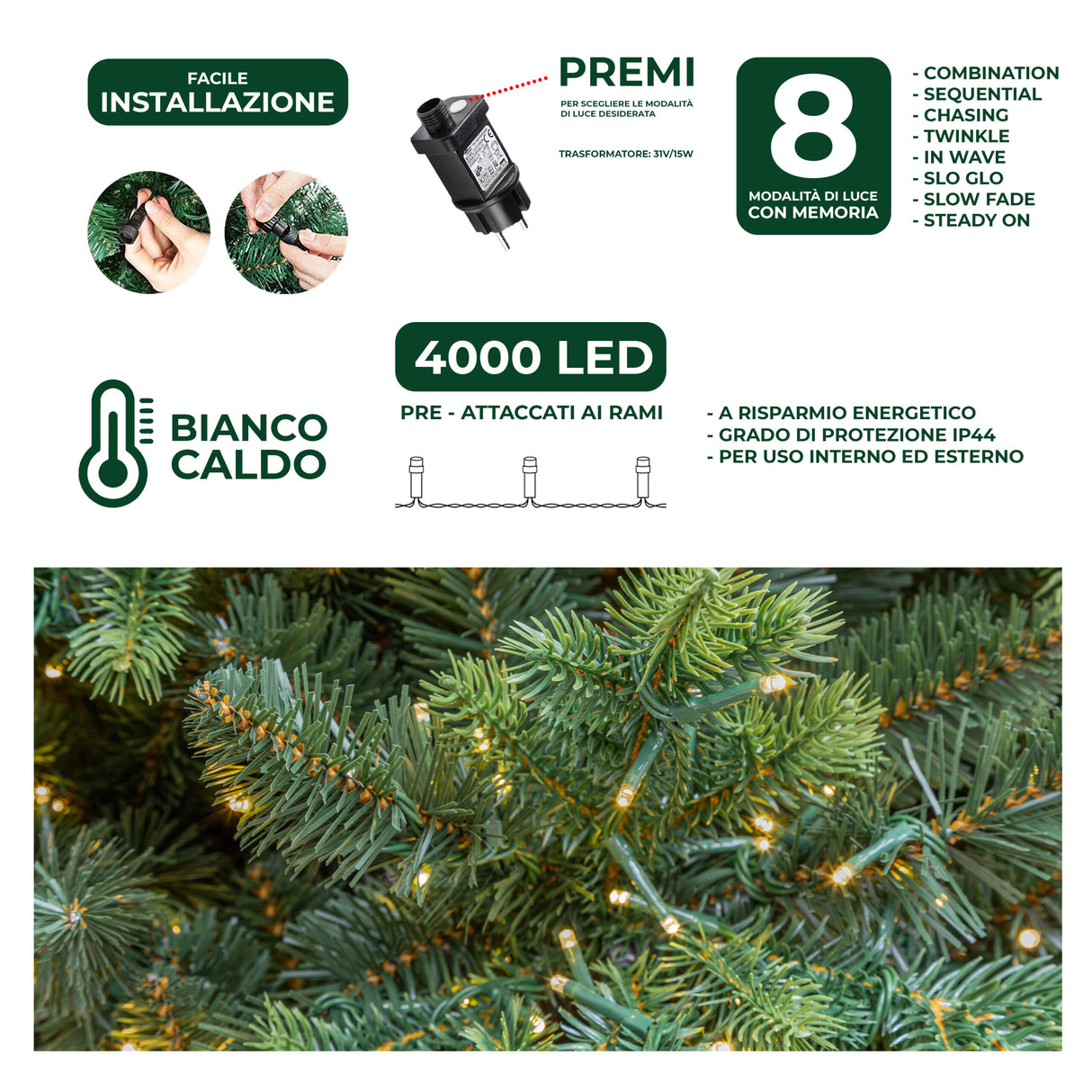 le stelle albero di natale artificiale verde h 240cm x l 150cm super folto con 4000 luci led incorporate e base a croce in metallo