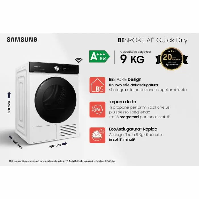 samsung asciugatrice a pompa di calore samsung bespoke ai 9 kg quickdry dv90bb7445ge axlxp 60x85x60 a 10 ean 8806094559330