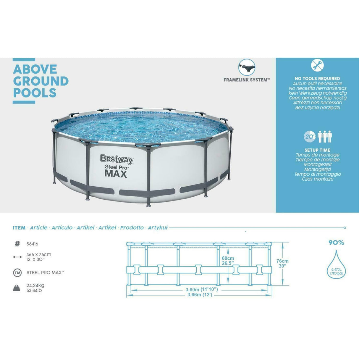 bestway piscina fuori terra bestway 56416 steel pro max 366x76h con pompa filtrante senza scala 6.473 litri