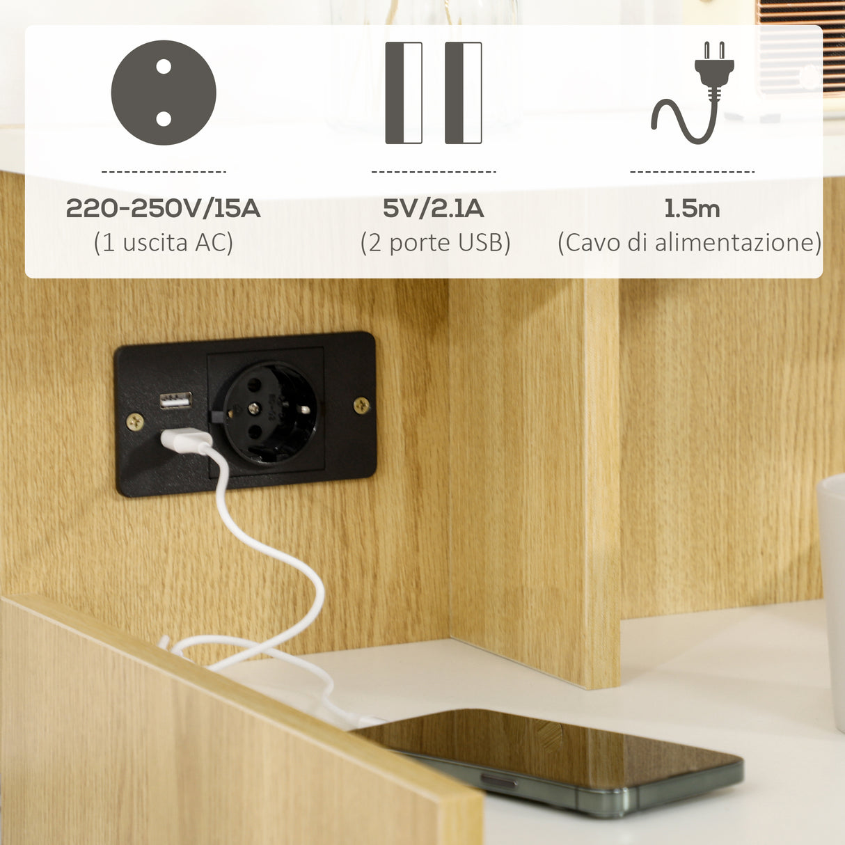 easycomfort easycomfort comodino moderno con 2 prese e porte usb e cassetto in truciolato 40x40x60cm color legno