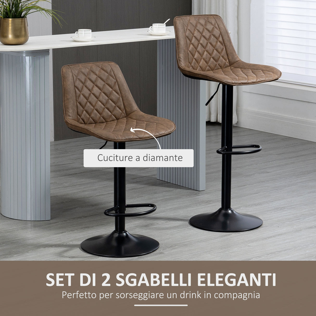 easycomfort easycomfort set 2 sgabelli alti da bar con altezza regolabile e girevoli seduta imbottita con poggiapiedi in pelle marrone scuro