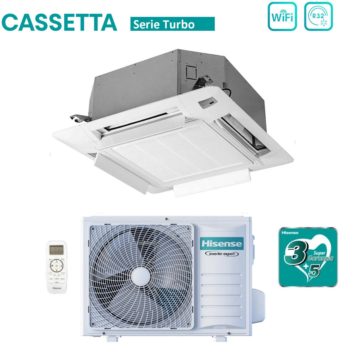 hisense climatizzatore condizionatore hisense inverter a cassetta serie turbo 12000 btu act35ur4rcc8 auw35u4rs8 r 32 wi fi optional classe aa con telecomando e pannello incluso