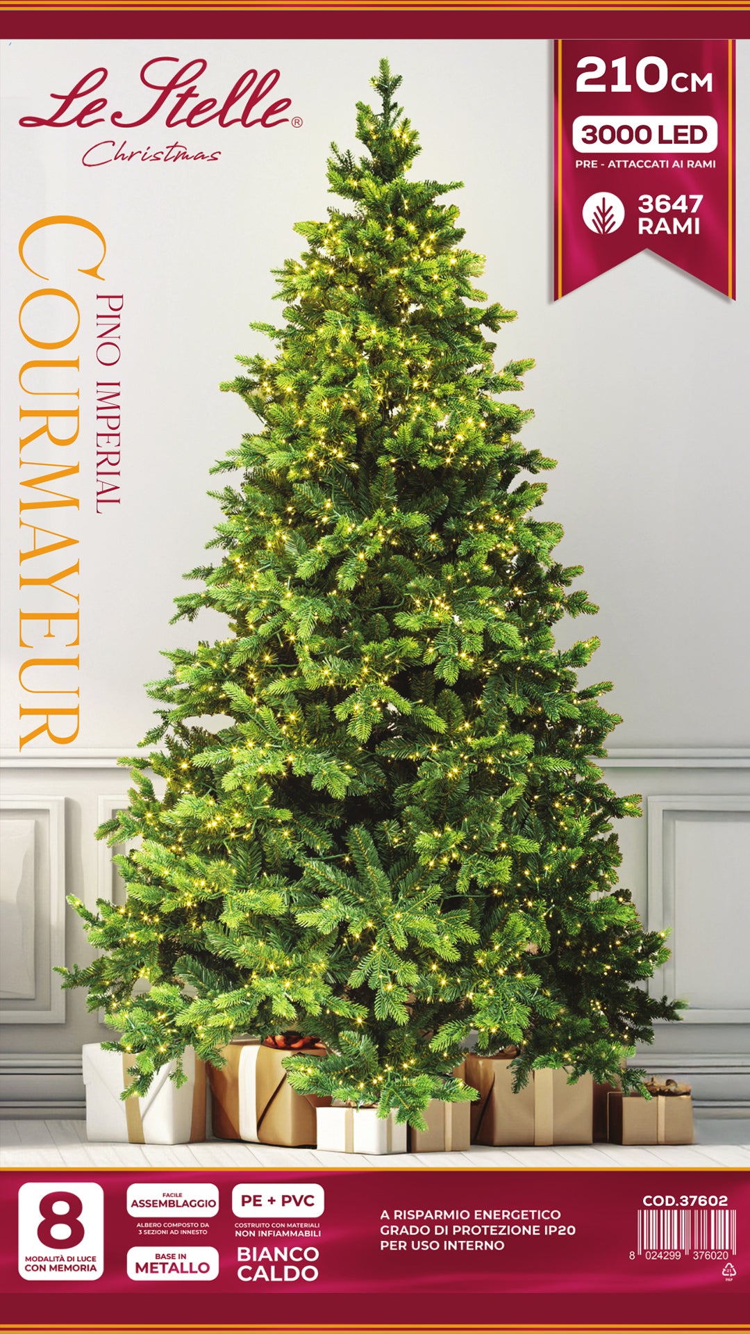 le stelle albero di natale artificiale verde h 210cm x l 135cm super folto con 3000 luci led incorporate e base a croce in metallo