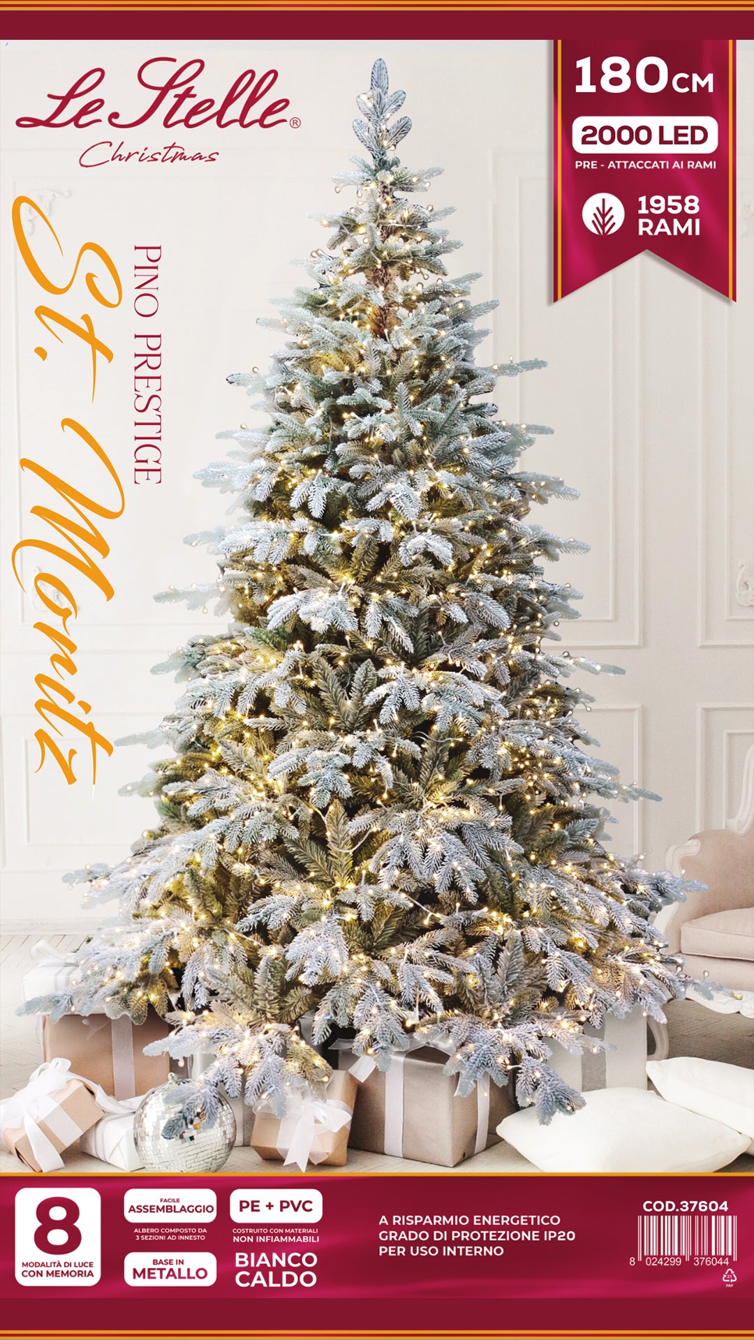 le stelle albero di natale pino verde innevato h 180cm x l 130cm super folto effetto real touch con 2000 luci led incorporate e base croce in ferro pieghevole