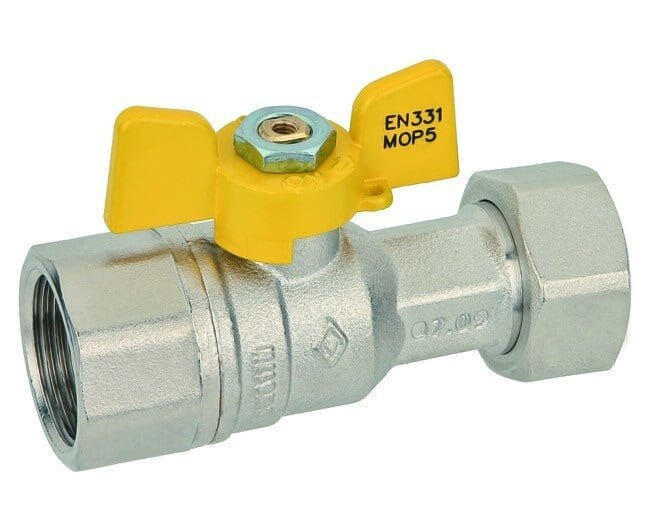 bugatti arresto gas diritto bugatti femmina con dado girevole valvola a sfera passaggio totale farfalla gialla in alluminio 34x34 cod b46134 ean 8027010054962