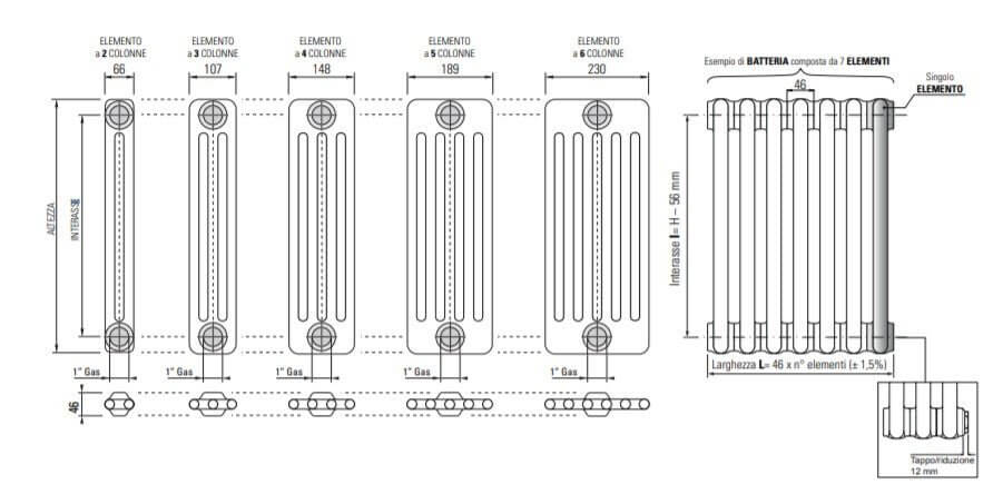 cordivari batteria completa radiatore termosifone in acciaio tubolare cordivari ardesia 3 colonne da 3 a 24 elementi h 856 mm interasse 800 mm tappi e riduzioni inclusi