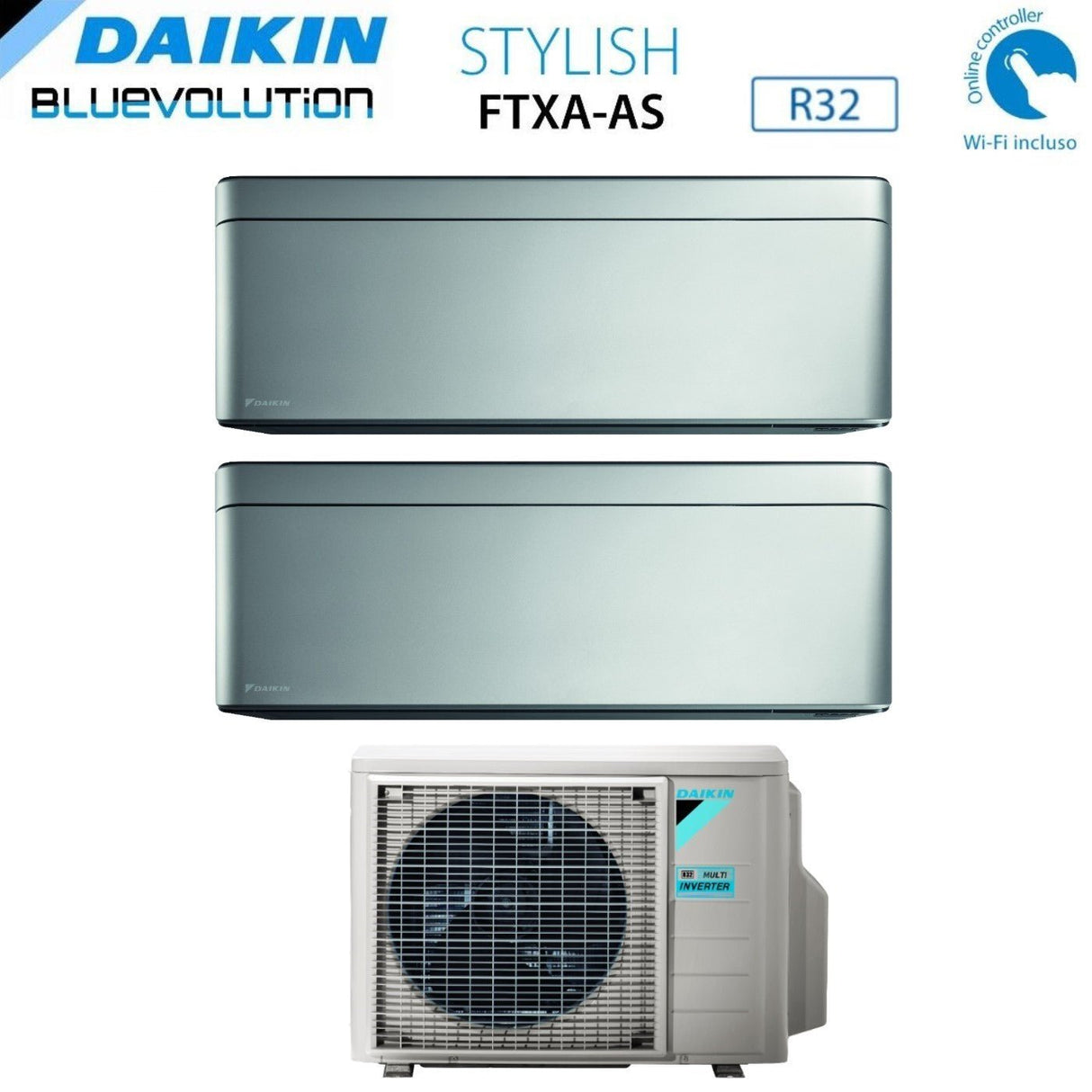 daikin climatizzatore condizionatore daikin bluevolution dual split inverter serie stylish silver 79 con 2mxm50mm9 r 32 wi fi integrato 70009000 colore grigio ean 8059657008237