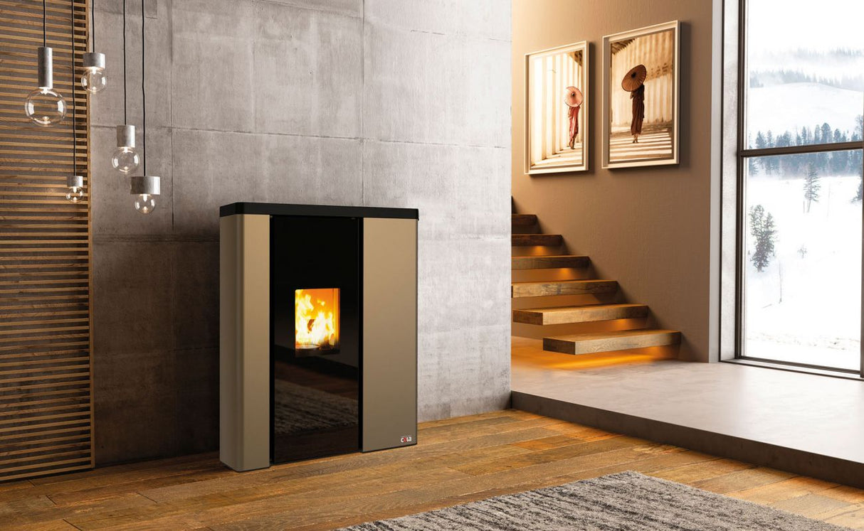 anselmo cola stufa a pellet ventilata anselmo cola blues ermetica 8 kw in acciaio e maiolica wi fi integrato disponibile in vari colori ean 99810962