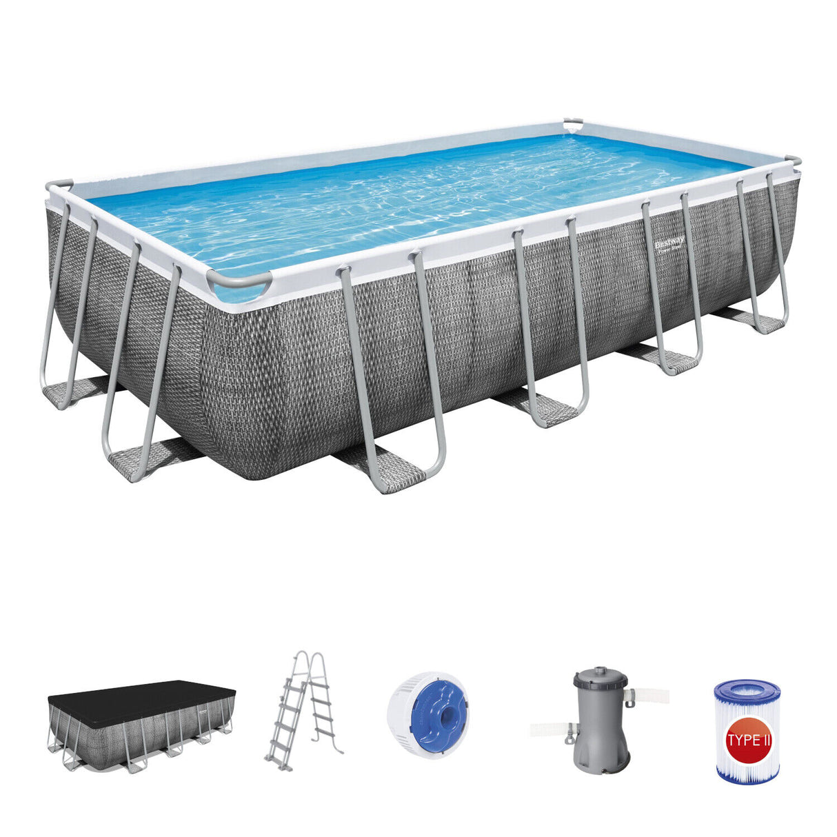 bestway piscina fuori terra bestway 56996 set piscina power steel 488x244x122h rivestimento esterno effetto rattan grigio scaletta rampa esternapompa filtrante 11532 litri