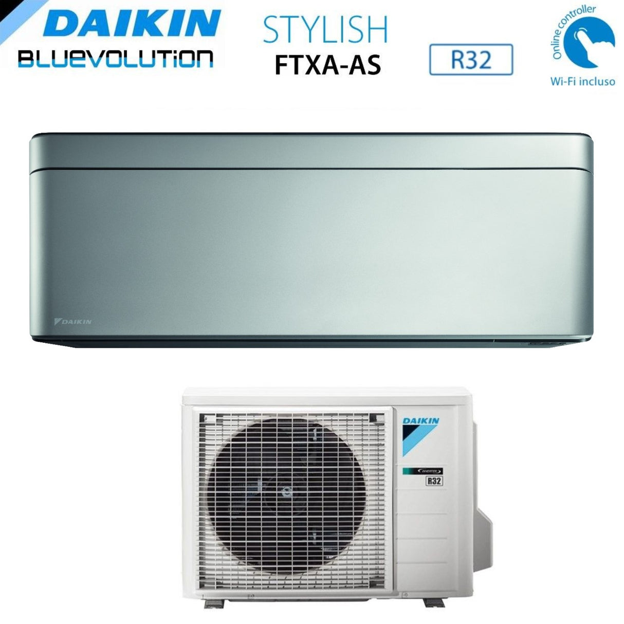 daikin climatizzatore condizionatore daikin bluevolution inverter serie stylish silver 7000 btu ftxa20as r 32 wi fi integrato classe a grigio ean 8059657009463