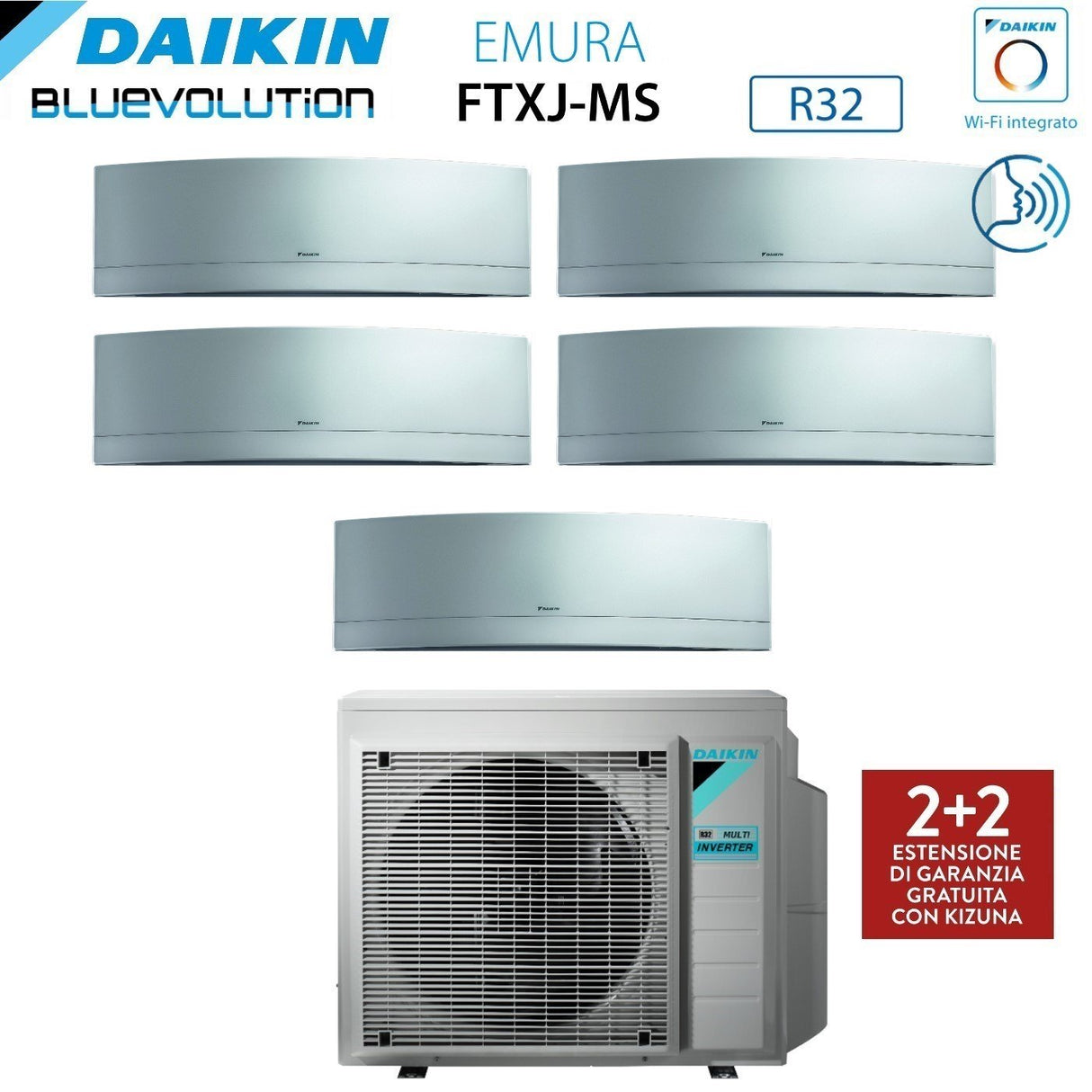 daikin climatizzatore condizionatore daikin bluevolution penta split inverter serie emura silver 7791218 con 5mxm90n r 32 wi fi integrato 7000700090001200018000 colore argento garanzia italiana