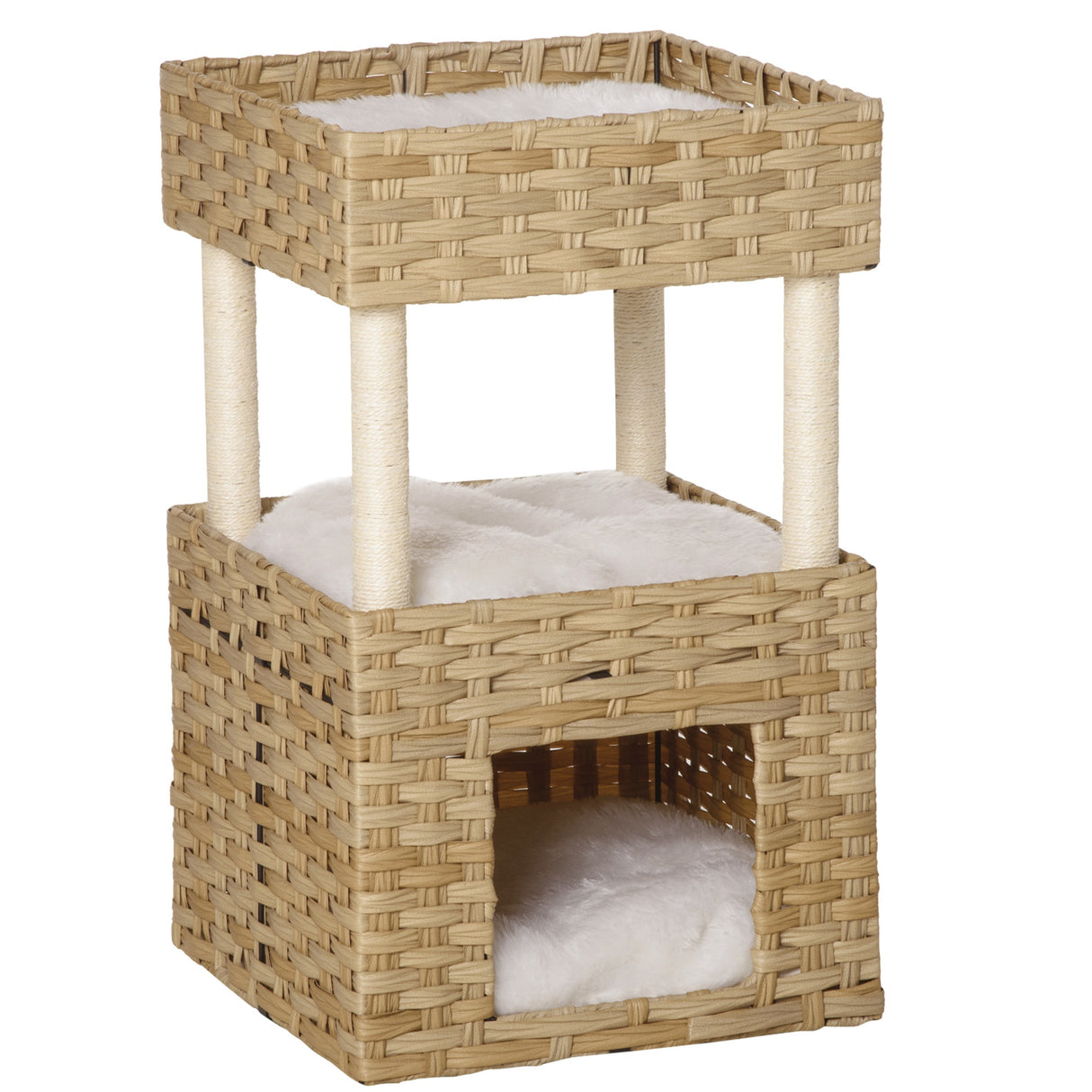 easycomfort easycomfort casetta per gatti a 3 livelli in rattan pe con cuscini lavabili in peluche 40x40x70cm legno